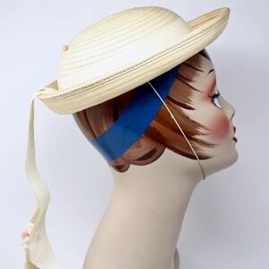 Vintage Ivory White Straw Boater Hat w Trailing Ribbons and Flowers - Hey Viv